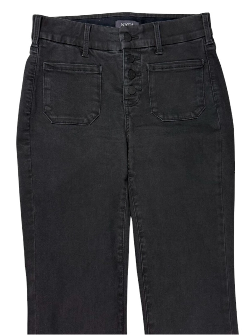 NYDJ Wide Leg Crop Jeans XXS Black Exposed Button Front Patch Pocket Stretch